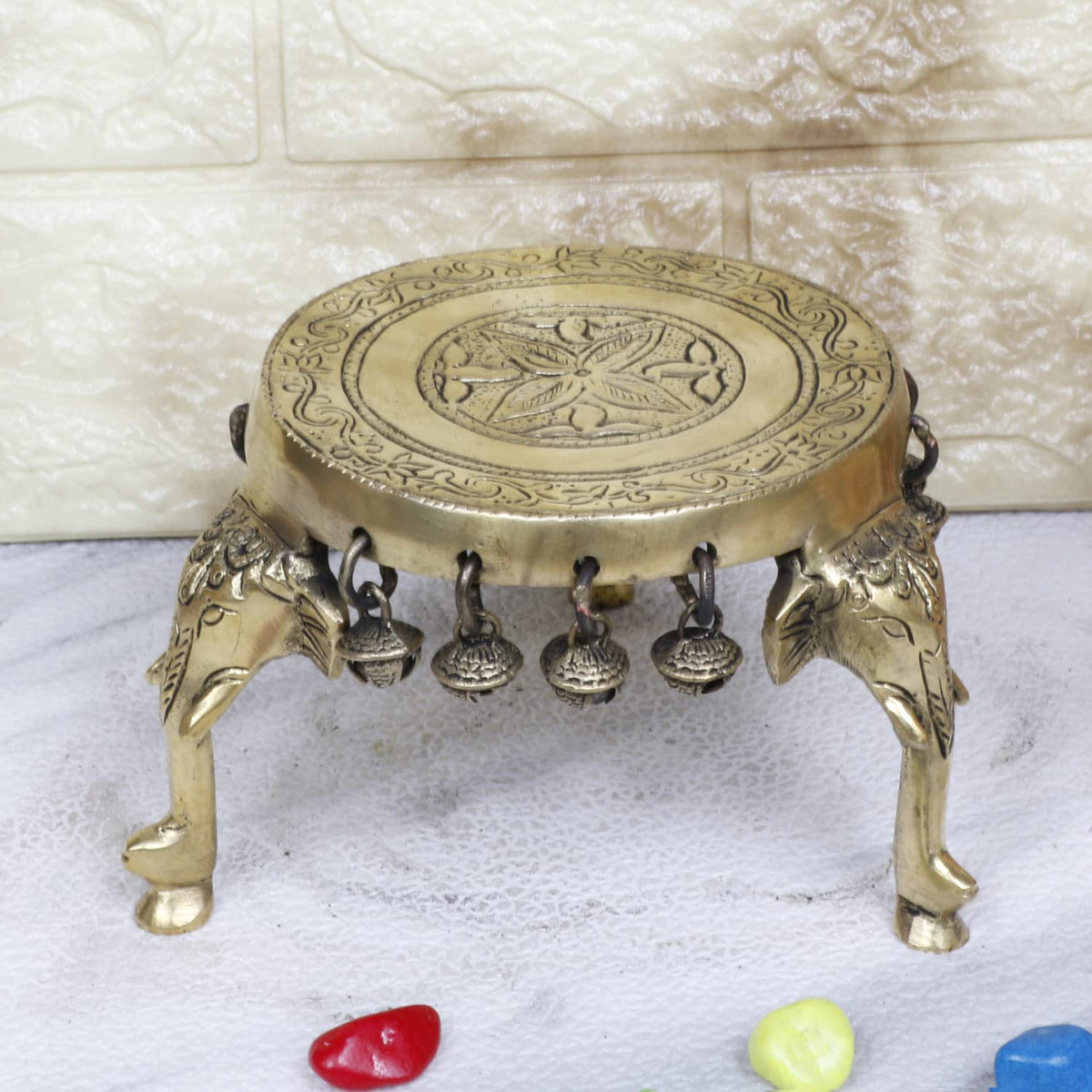 Artvarko Elephant Pillars Design Pooja Brass Chowki Round Table with Hanging Bells 5 Inch