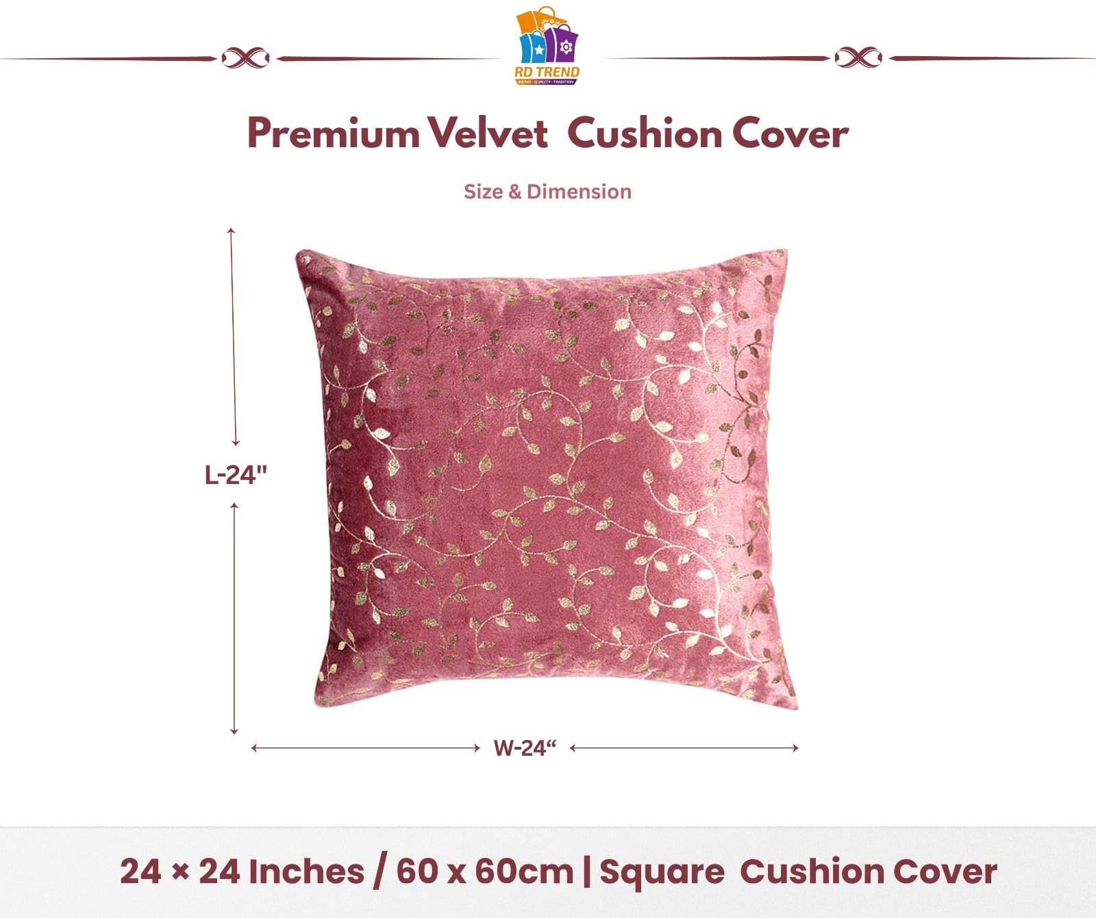 RD TREND® Premium Velvet Cushion Covers Set of 5 | Soft Decorative Throw Pillow Covers for Sofa, Bed & Living Room | Cushion Cover 24 inch x 24 inch (60x60 cm) Dusty Rose