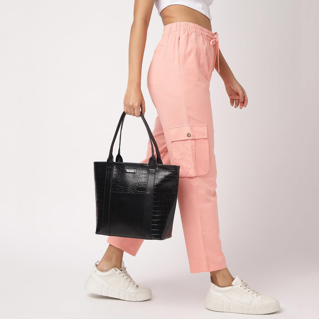 Fastrack Chic Textured Tote Bag for Women | Stylish Casual Bag for Ladies, Women, Girls | Trendy Everyday College Bag Made of Faux Leather (Black)