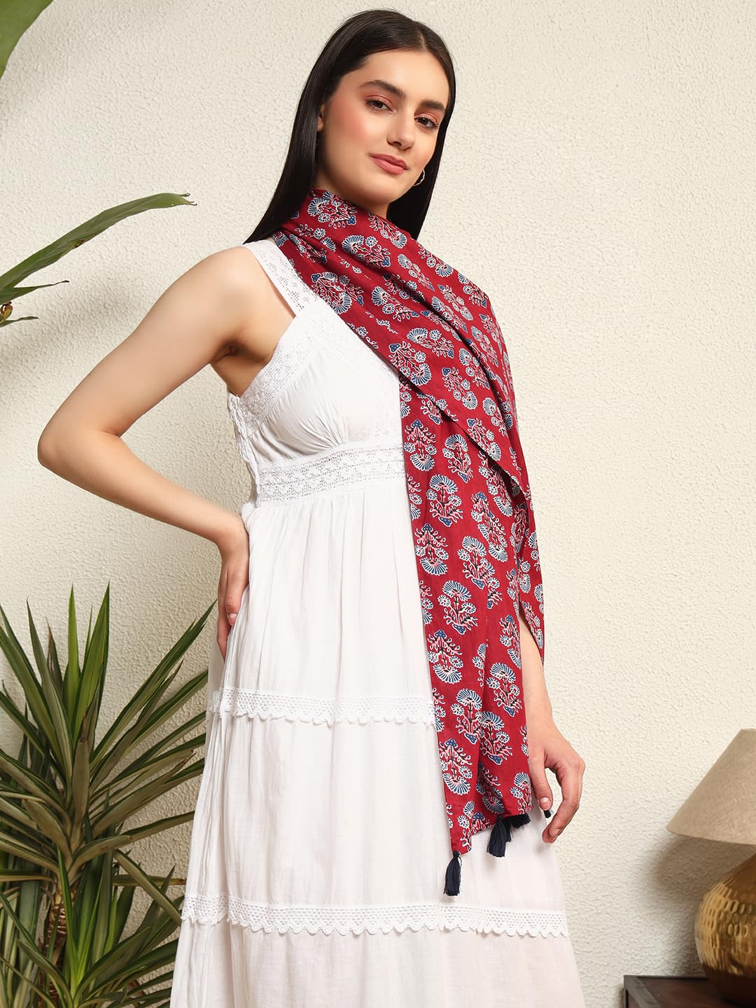 Ravaiyaa - Attitude is everything Hand Block Printed Cotton Long Stole Hijab Neck Wrap Scarf With Tassel 71 X 21 Inch (Maroon White Floral)