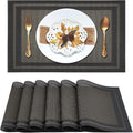 Potency Table Mats Set of 6, Woven Placemats for Dining Table, Heat-Resistant, Stain-Resistant, Anti-Skid, Washable Table Mats, Vinyl Placemats for Dining, Kitchen & Restaurant Table (F Black Gold) Kafalo