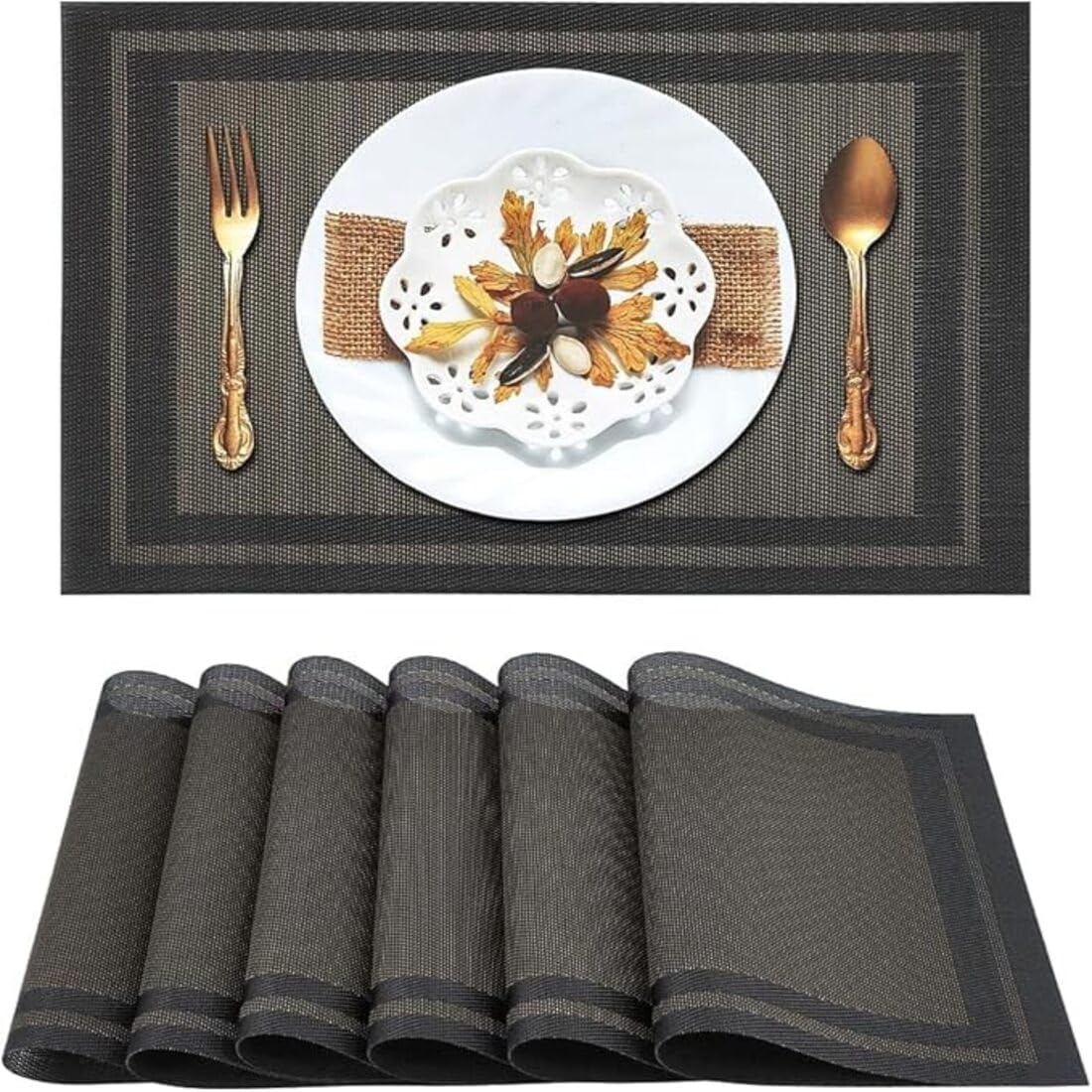 Potency Table Mats Set of 6, Woven Placemats for Dining Table, Heat-Resistant, Stain-Resistant, Anti-Skid, Washable Table Mats, Vinyl Placemats for Dining, Kitchen & Restaurant Table (F Black Gold) Kafalo