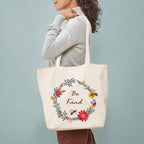 Heu Floral Wreath Canvas Tote Bag with “Be Kind” Print | Eco-Friendly Reusable Cotton Shoulder Bag | Stylish Inspirational Shopping Tote for Women