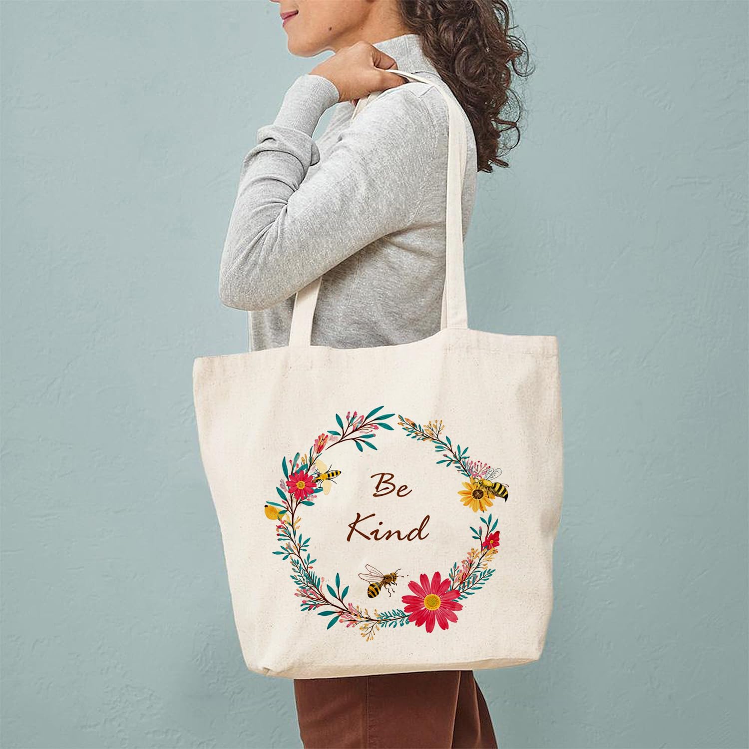 Heu Floral Wreath Canvas Tote Bag with “Be Kind” Print | Eco-Friendly Reusable Cotton Shoulder Bag | Stylish Inspirational Shopping Tote for Women