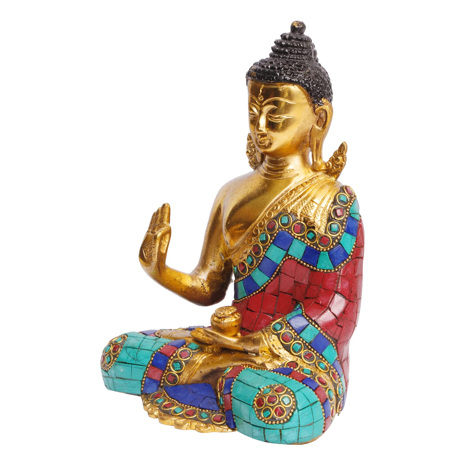 ARTVARKO Buddha Statue Blessing Brass with Multicolor Stone Handwork Home Decor Entrance Office Table Living Room Meditation Luck Gift Feng Shui 8 Inch