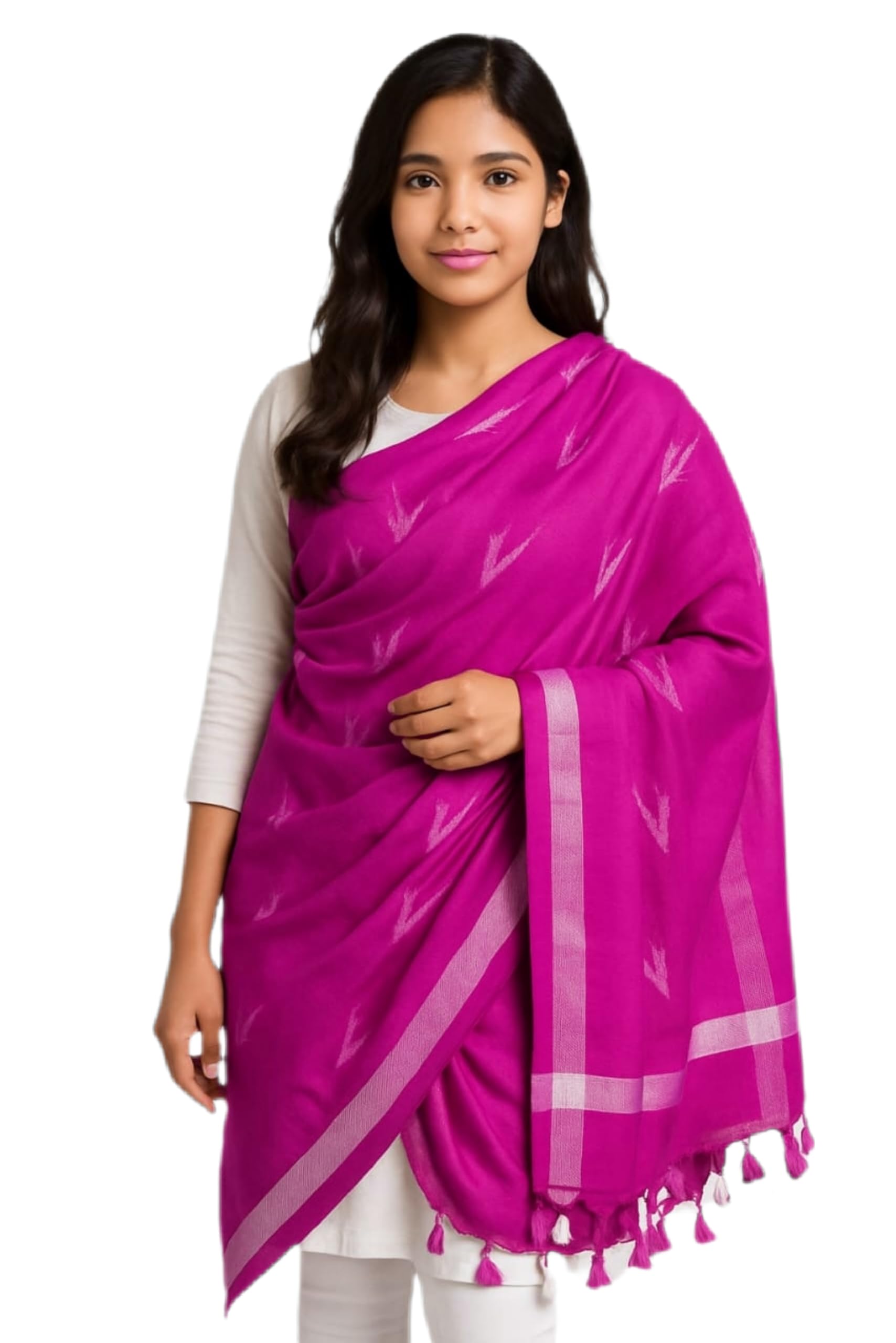 ZH Clothing Brand Women's Linen Cotton Dupatta Handwoven Ikat Woven | Elegant & Soft Texture| Daily| Traditinal Ethnic Look | Perfect For Summer & Office Wear_2.45m (Pink, 2.45m)