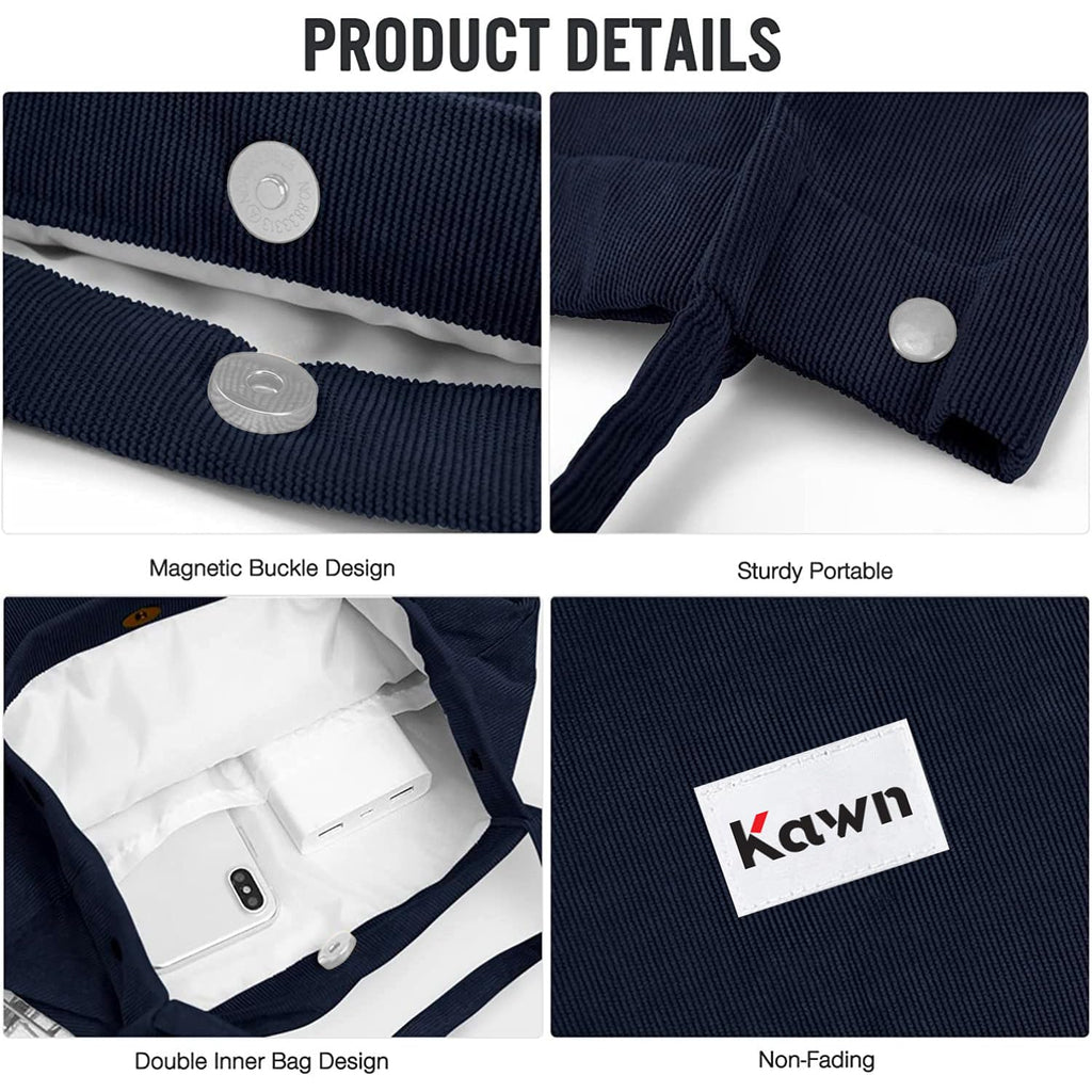 Kawn® Women Corduroy Tote Bag Canvas Shoulder Cord Purse Reusable Shopping Bag Grocery Bag Large Capacity Washable Handbag Girls Shoulder Bag with Inner Pocket For Daily Use Work Travel (Navy Blue)