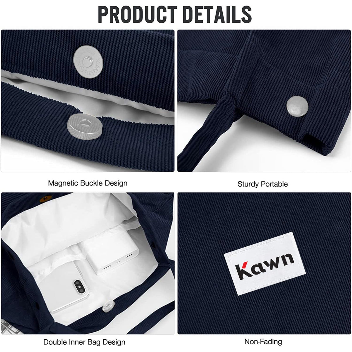 Kawn® Women Corduroy Tote Bag Canvas Shoulder Cord Purse Reusable Shopping Bag Grocery Bag Large Capacity Washable Handbag Girls Shoulder Bag with Inner Pocket For Daily Use Work Travel (Navy Blue)