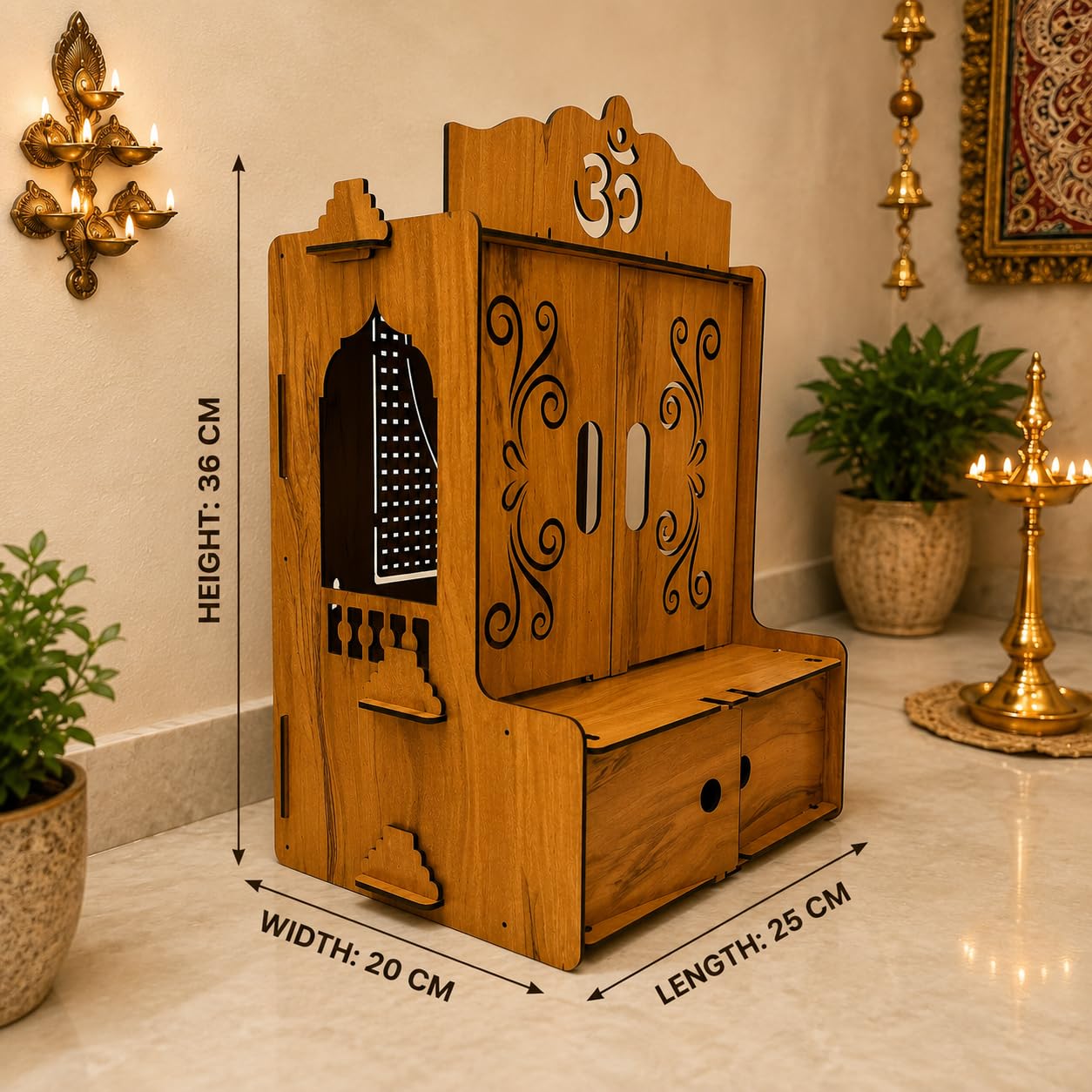 Privla Wooden DIY Home Temple with Door & Drawer Pooja Mandir Engineered Wood with Storage Space | Wall Hanging & Floor Resting Mandir for Home 32 * 30 * 30