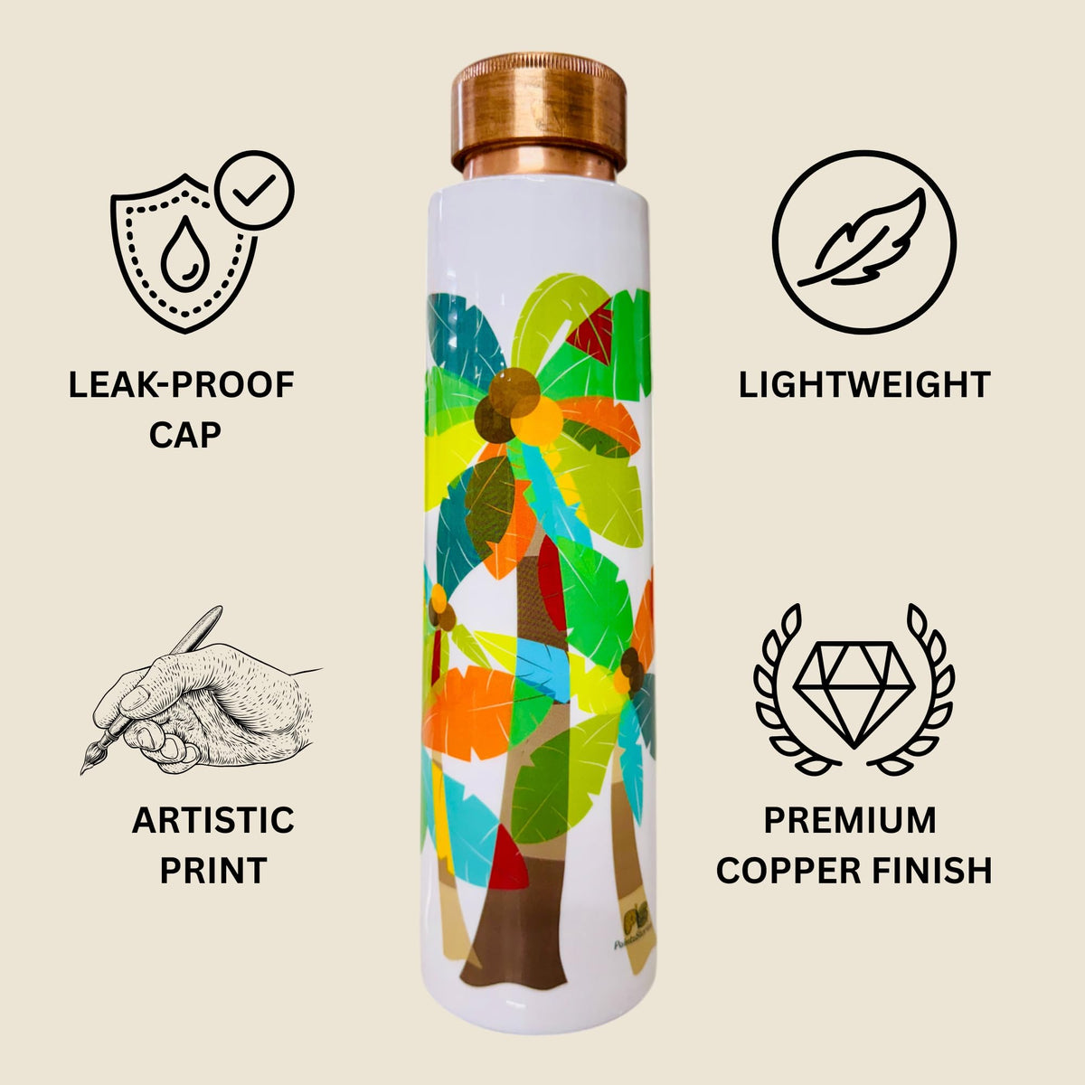 PAINTZSTORIES A Celebration of Palm Trees Meena Print Copper Water Bottle | Handcrafted Tamba Bottle | Premium Copper Water Bottle for Home Décor, Office, Travel & Gifting | 900 ml