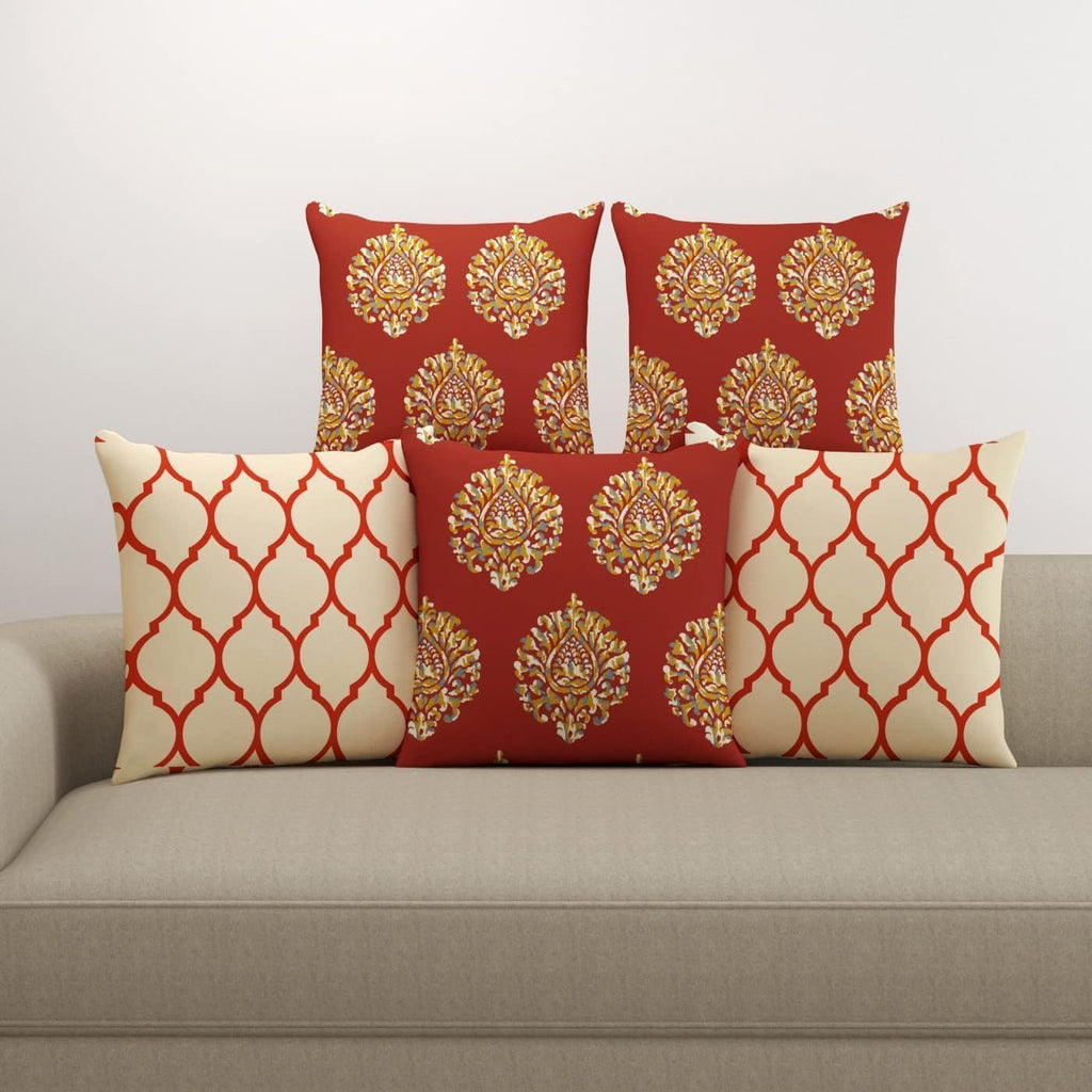Trance Home Linen 200TC Premium 100% Cotton 16x16 inch Cushion Covers Only for Sofa and Diwan | Throw Pillow/Small Cushion Pillow Covers Only (16x16 inch | 40x40cm, Damask & Dori Clay Red)-Set of 5