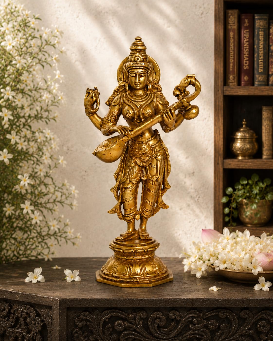 ARTVARKO Brass Goddess Maa Saraswati Statue Standing Education Study Vidya Devi Idol Spiritual Puja Vastu Showpiece Religious Murti Sculpture Knowledge Music & Art 10 Inches