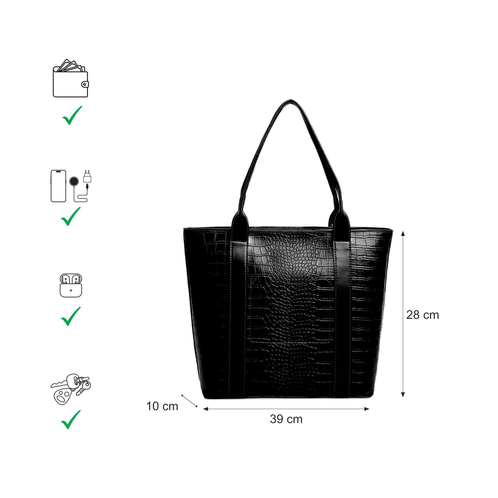 Fastrack Chic Textured Tote Bag for Women | Stylish Casual Bag for Ladies, Women, Girls | Trendy Everyday College Bag Made of Faux Leather (Black)