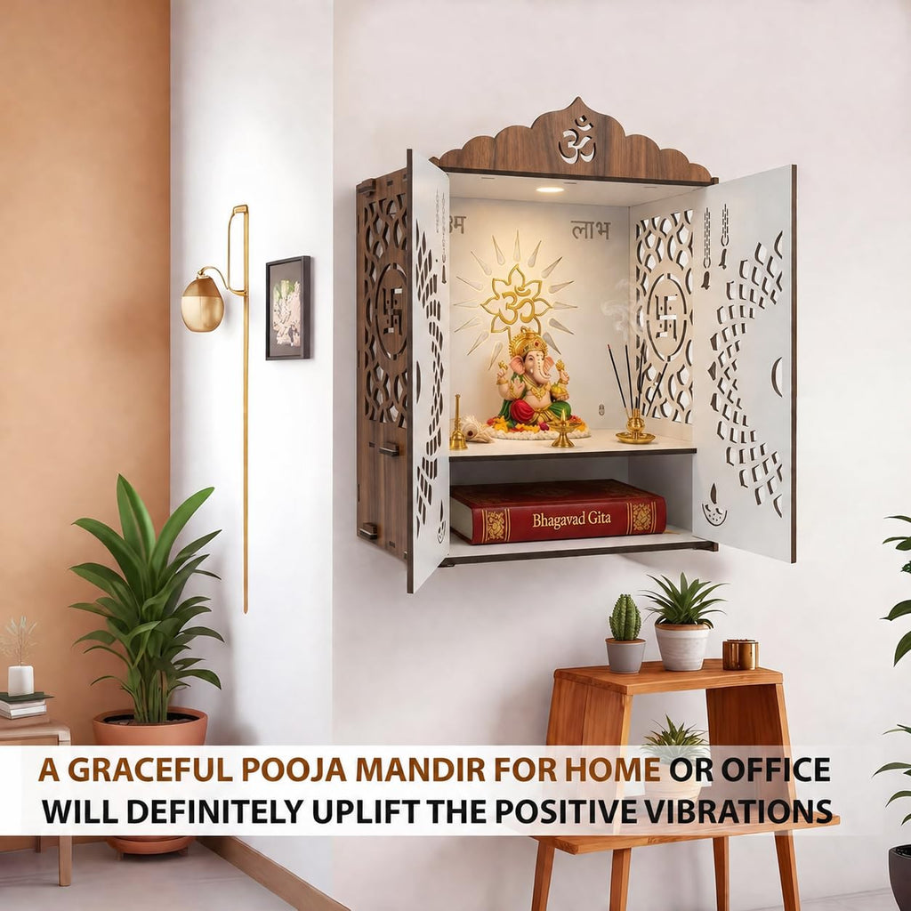 Beautiful Temple Mandir for Home with Door Wooden MDF | White Interior Pooja Temple with Storage Space | Wall Mounted & Tabletop Pooja Mandir for Home Office Decor (19.29 x 13.58 x 9.84 Inch)