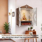 Beautiful Temple Mandir for Home with Door Wooden MDF | White Interior Pooja Temple with Storage Space | Wall Mounted & Tabletop Pooja Mandir for Home Office Decor (19.29 x 13.58 x 9.84 Inch)