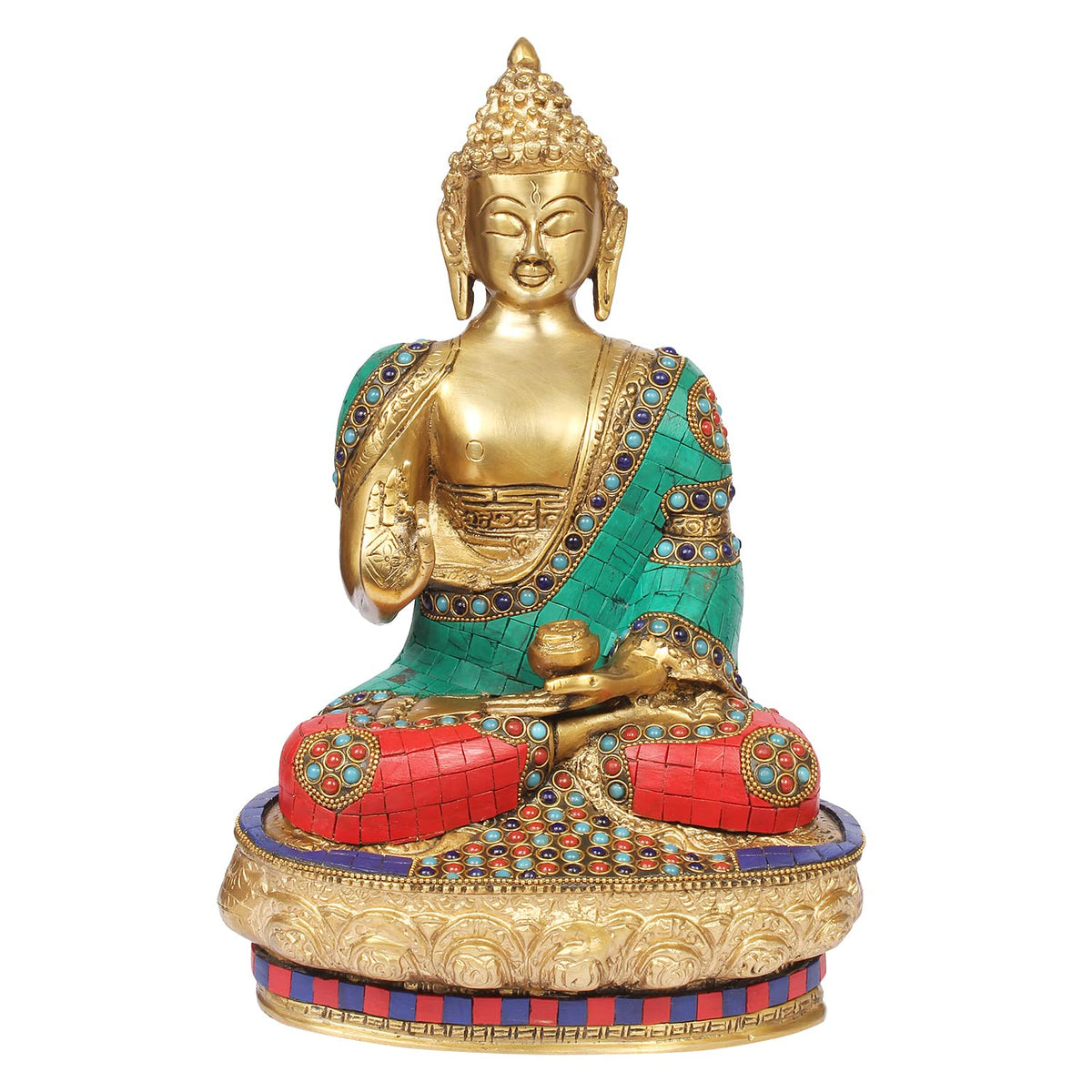 Svarup Brass Gautam Buddha Idol Statue Murti Draped in Stone Embellished Shawl for Home Decoration Blessing Buddha Height 12 Inch Weight 4.8 Kg Color Multicolor