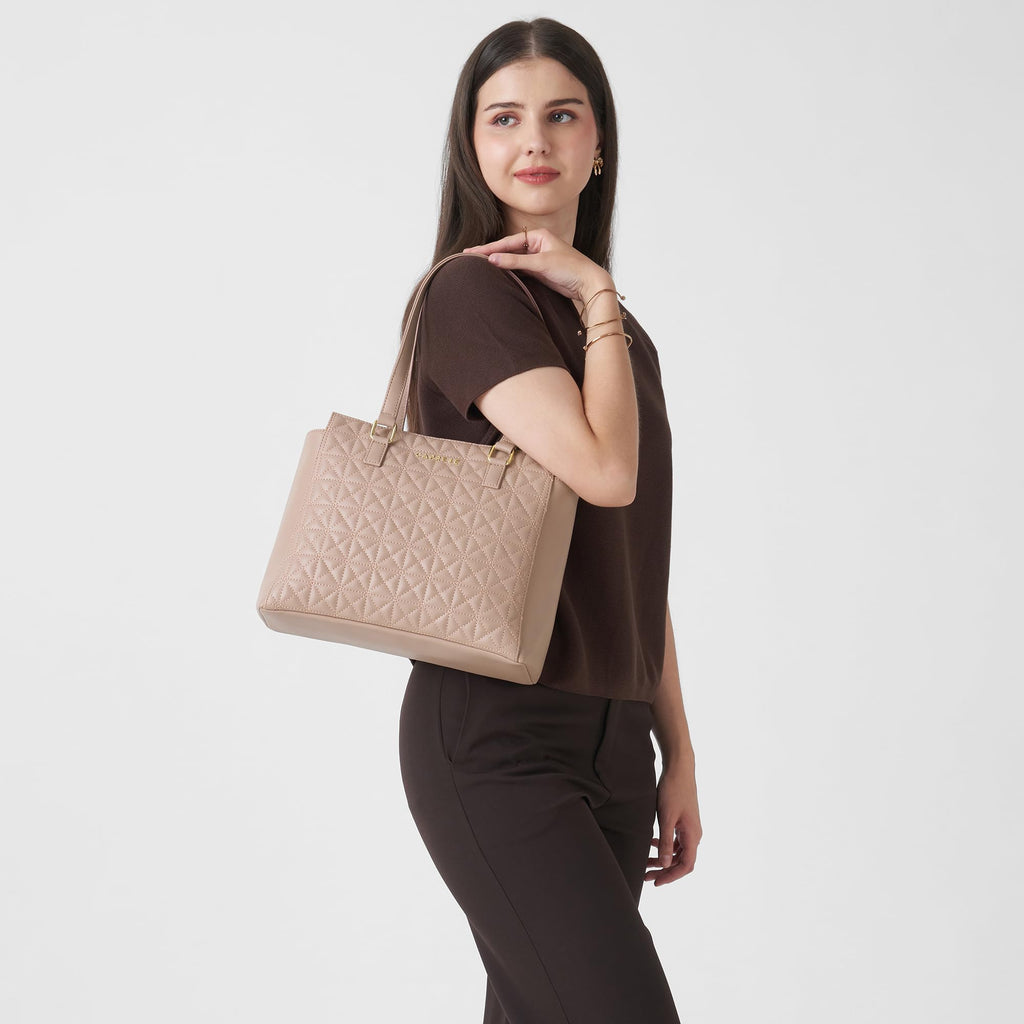 Caprese Shine Medium Tote Bag for Women | Quilted Faux Leather Shoulder Handbag with Multi-Compartments & Zipper Closure | Fits Up to 15 Inch Laptop | Stylish Work, Travel & Everyday Bag (Dark Pink)