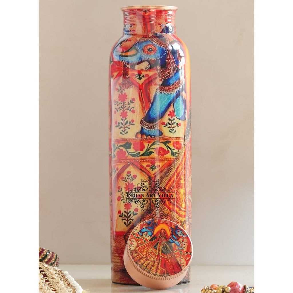 INDIAN ART VILLA Copper Water Bottle 900 ml, “Padharo Mhare Desh” Theme, Rajasthani Meena Printed Design, Handcrafted (0.9 Litre)