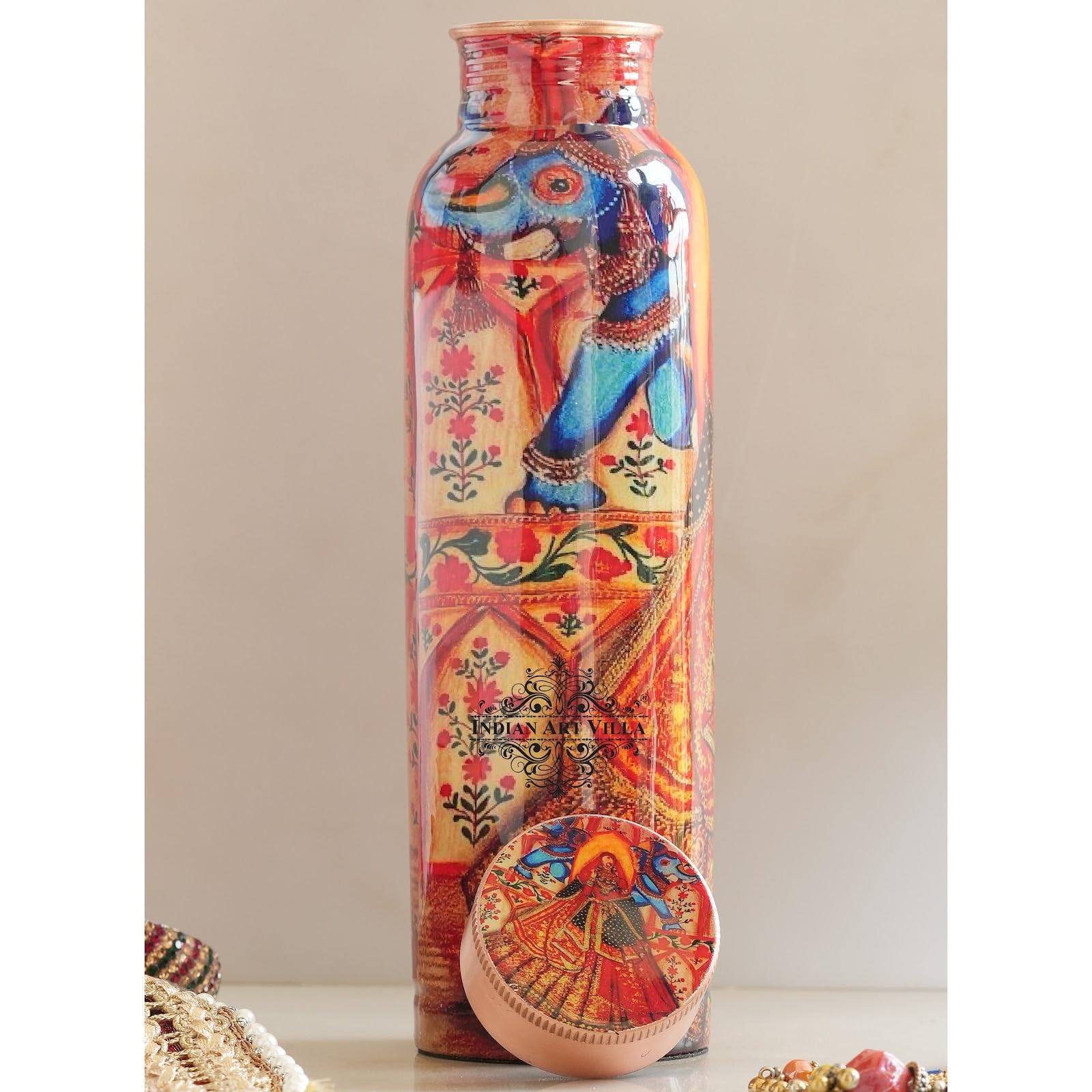 INDIAN ART VILLA Copper Water Bottle 900 ml, “Padharo Mhare Desh” Theme, Rajasthani Meena Printed Design, Handcrafted (0.9 Litre)