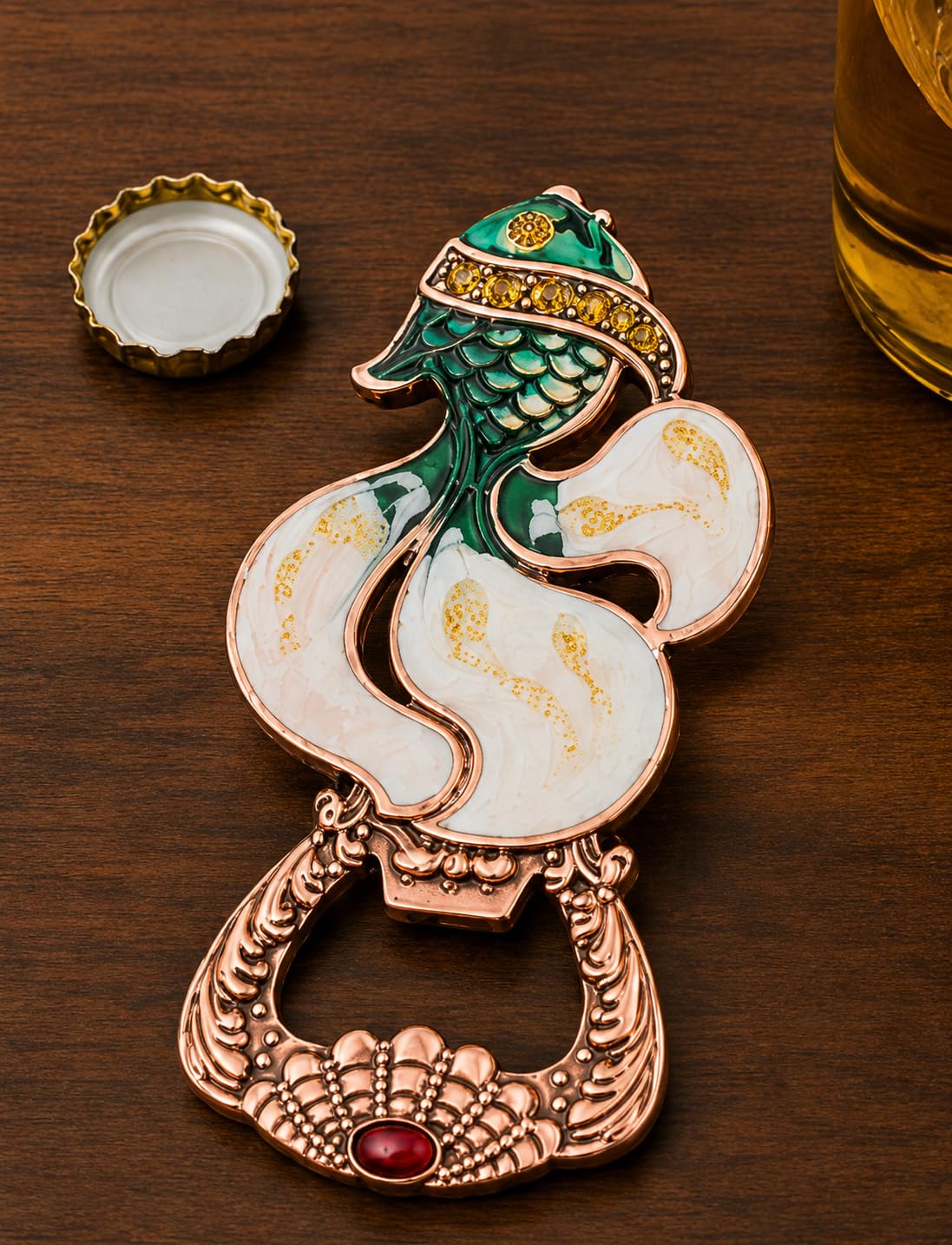 DECOR NEST Luxury Fish Bottle Opener with Refrigerator Magnet | Decorative Metal | Beer Opener with Crystal Stone Embellishments | Vintage Style Home Bar Accessory (Green Copper Fish)