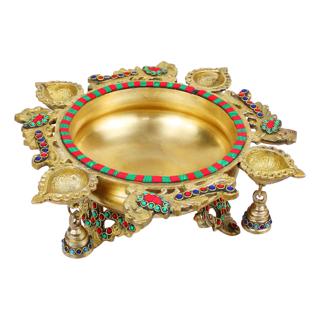 ARTVARKO™ Brass Peacock Design Traditional Multicolor Stone Urli with Diyas and Bells Flowers Bowl Showpiece Home Office Gift 13 Inch