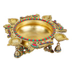 ARTVARKO™ Brass Peacock Design Traditional Multicolor Stone Urli with Diyas and Bells Flowers Bowl Showpiece Home Office Gift 13 Inch
