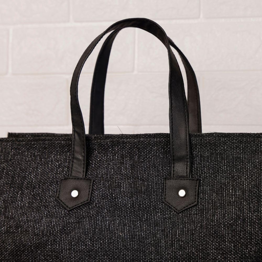 FOHOGO Jute Bag for Unisex | Lunch Bag/Tiffin Bag/Carry Bag/Jute Bag | Tote Bag for office (Black, Large (12”x16”x7”))