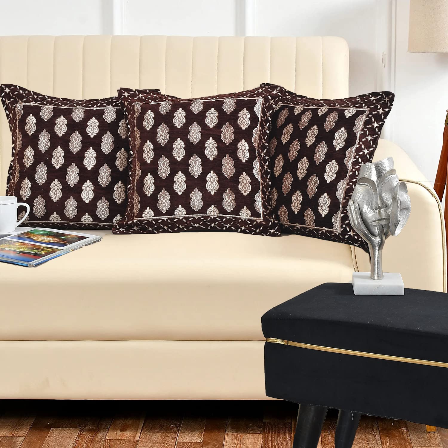DECOMIZER Jacquard Geomteric Cushion Covers 24 inch x 24 inch Set of 3 Ethnic Motifs Cushion Covers,Design- Ambi,Color- Coffee