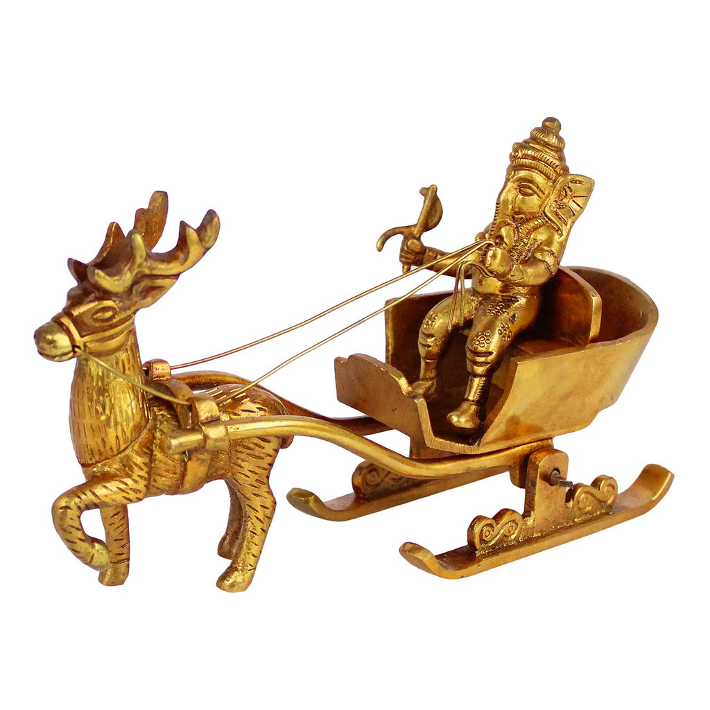 ARTVARKO Brass Ganesha Statue As Santa Pulled By Deer Brass Ganesh Murti Idol Showpiece Home Décor Mandir Bhagwan Office Temple Gift