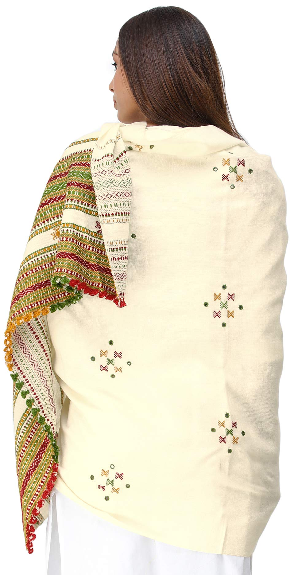 Exotic India Women's Kutch Wool Shawl (SHV95--vanilla-custard)