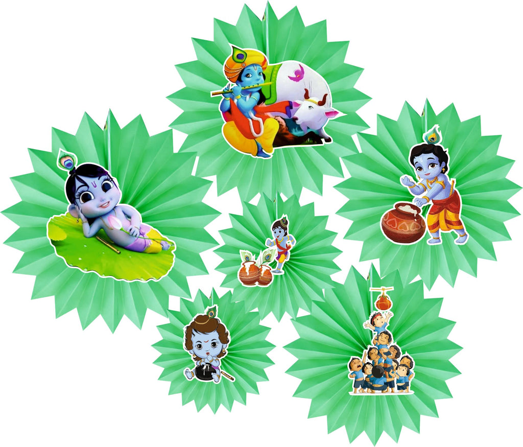 Bhakti Festive Creations Janmashtami Decoration Set of 12 Pcs Hanging Paper Fan with Krishna Sticker Cutouts, Multicolour Art Deco Paper Fans for Home, Event, or Meditation Spaces