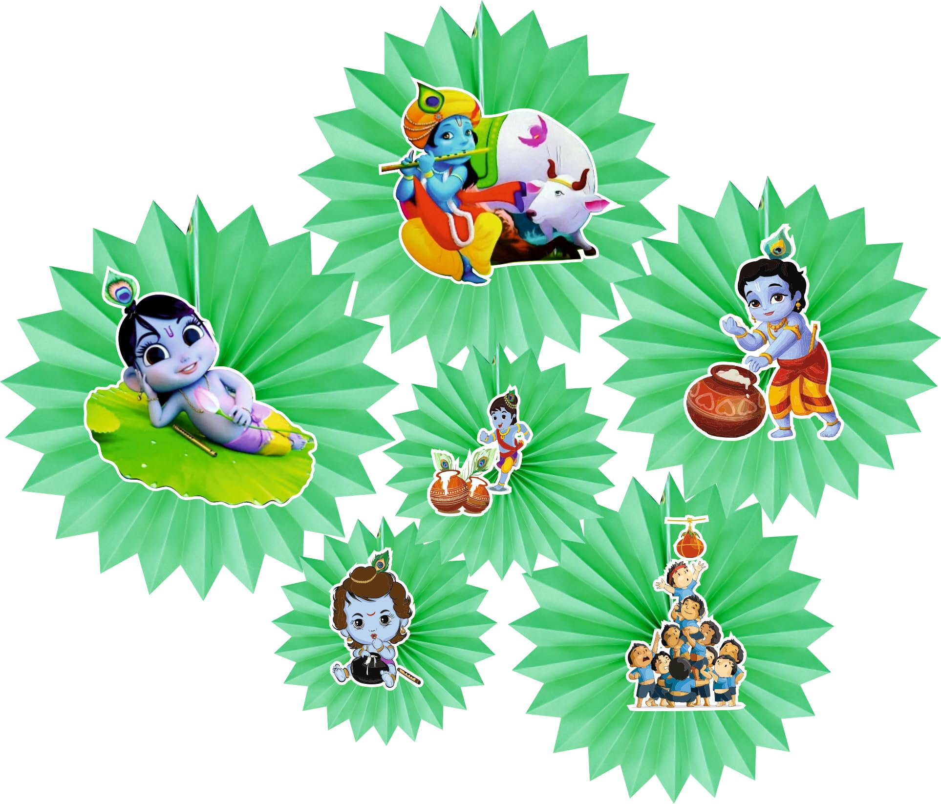 Bhakti Festive Creations Janmashtami Decoration Set of 12 Pcs Hanging Paper Fan with Krishna Sticker Cutouts, Multicolour Art Deco Paper Fans for Home, Event, or Meditation Spaces