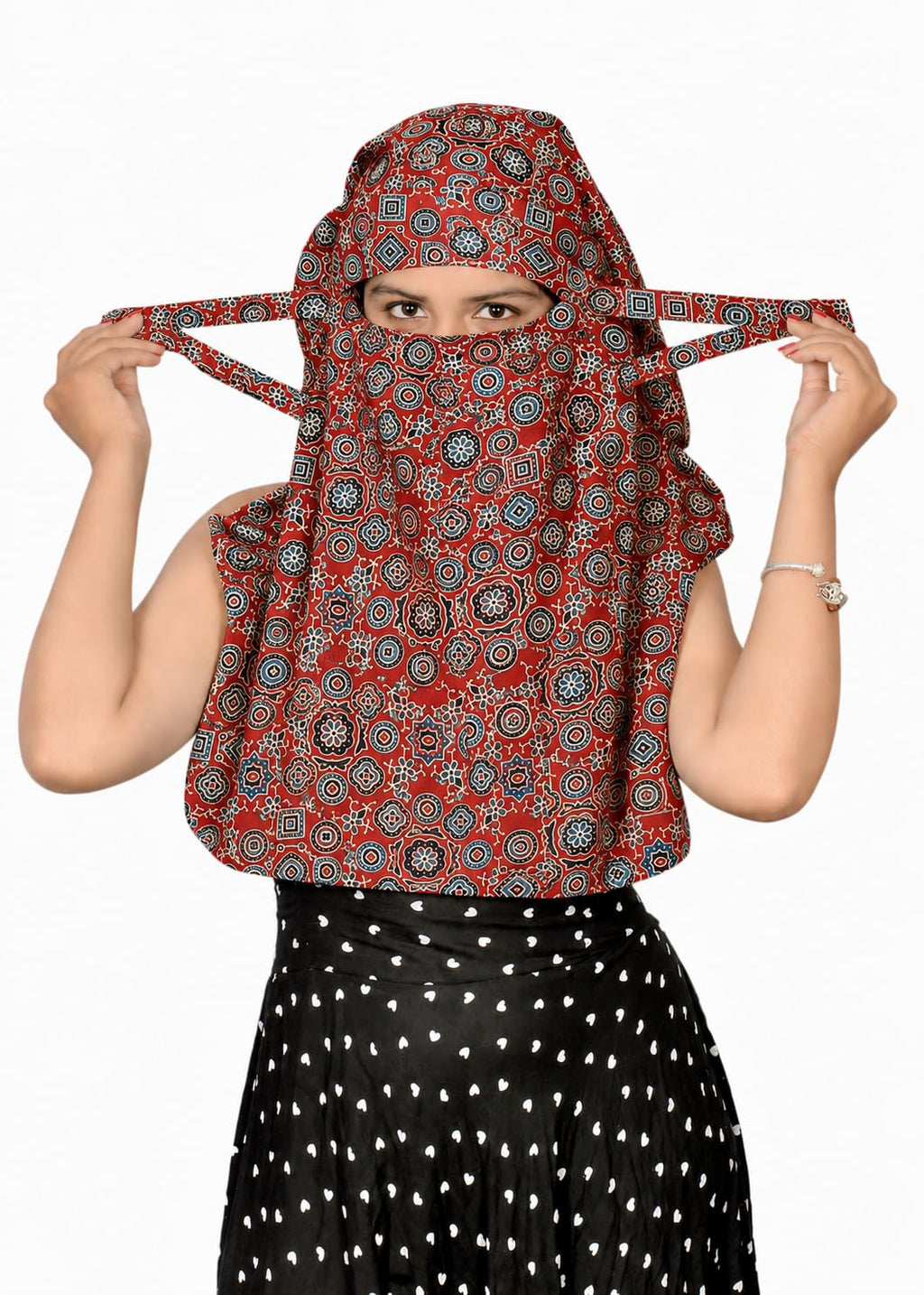DEEPNYRA - LIVING STYLE Scarf Face Full Covering With Mask Head Hair Wrap Sun Protection For Women Cotton Printed Square All Season Wear (MARRON AJRAK CHAKRI)