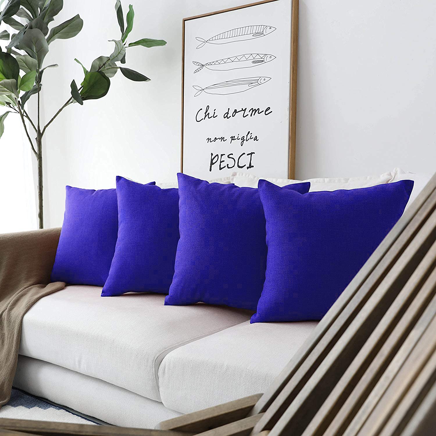 Khooti Jute Cushion Cover, Throw Pillow Cover for Couches, Chairs, Sofas, Beds, Coffee Tables, Living Rooms, Bedrooms, Modern Boho Design, 32 x 32 Inches / 80 x 80 cm | Royal Blue | Set of 5