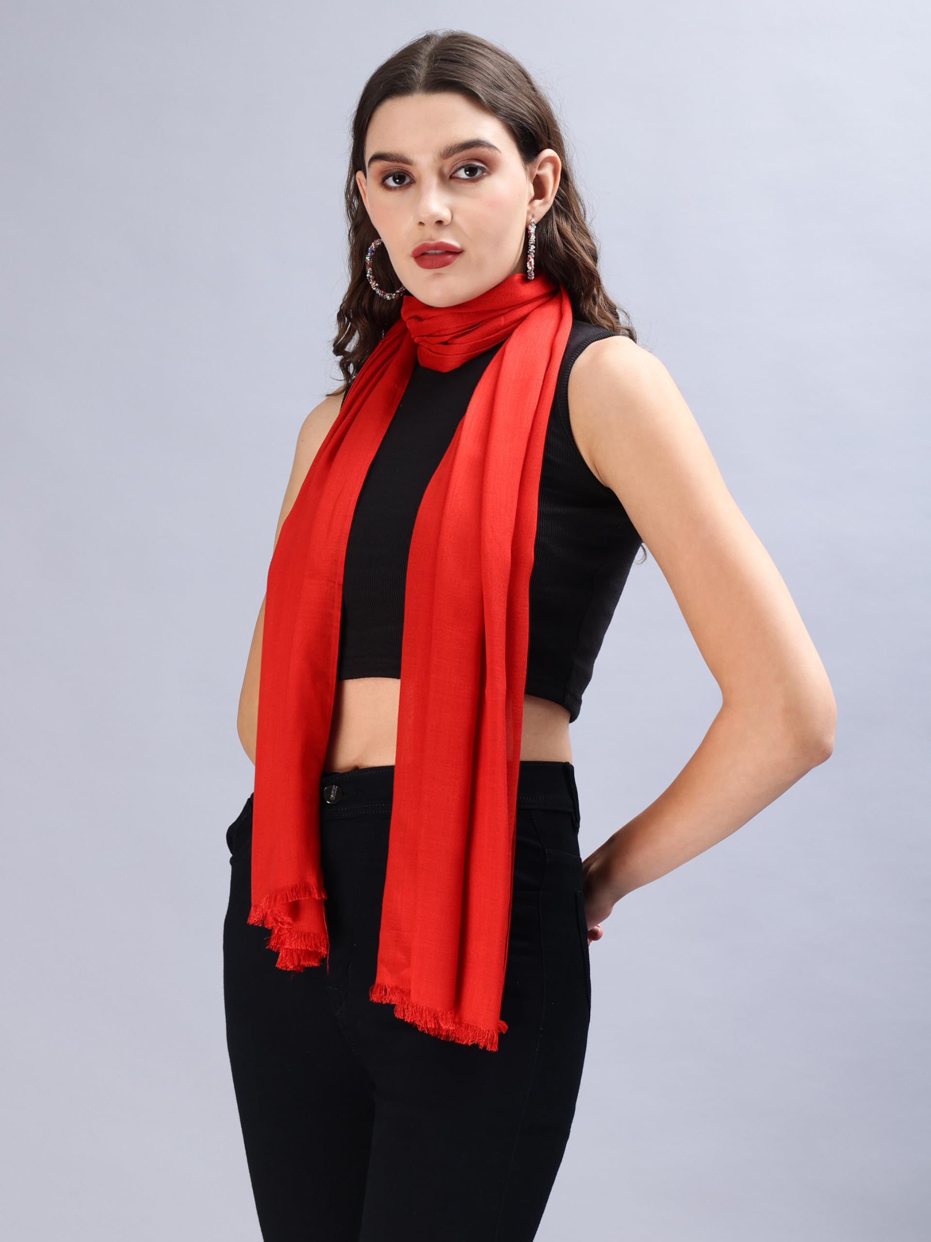 Aditi Wasan Women's Casual Solid 100% Viscose Fancy Soft & Skin-Friendly Wrap/Scarf/Stole Dupatta for women with Tasal Work Suitable for Every Season, Red