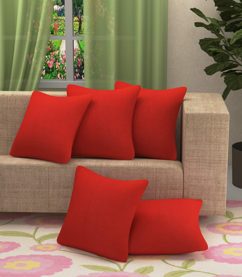 Yellow Weaves Cotton Canvas Decorative Cushion Covers, (16 X 16 Inches, Set Of 5, Red, 250 Tc)