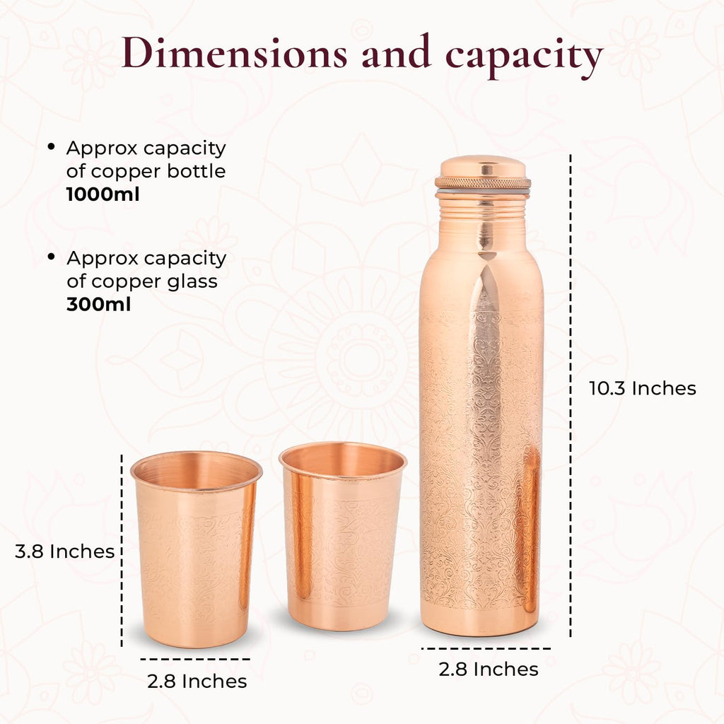 AURASHIE Pure Copper Drinkware Gift Set – Embossed Design with 1 Bottle (900 ML) & 2 Glasses (300 ML) in a Blue Box – Gifting Item for Diwali, Weddings, and Festive Occasions