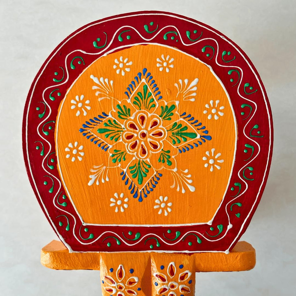 ATRANGI STUDIO Orange Handpainted Wooden Elephant Stool Cum Showpiece | Mango Wood Traditional Multipurpose Stool for Living Room Decor & Mandir | Perfect for Plant Stand | 8x8x10 inch