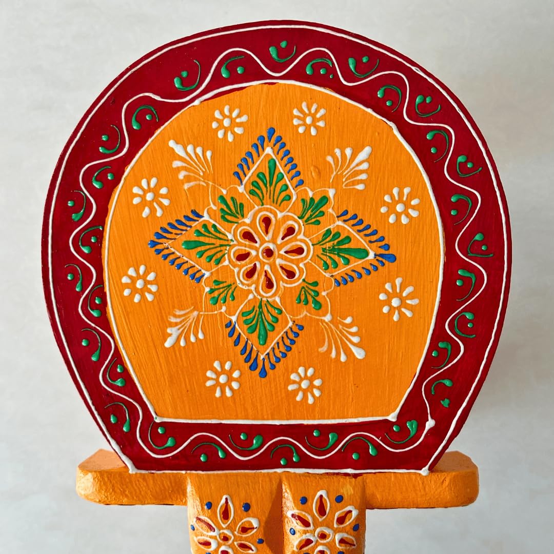 ATRANGI STUDIO Orange Handpainted Wooden Elephant Stool Cum Showpiece | Mango Wood Traditional Multipurpose Stool for Living Room Decor & Mandir | Perfect for Plant Stand | 8x8x10 inch
