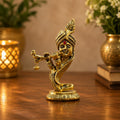KridayKraft Lord Krishna Idol Playing Flute with Peacock, 14 cm Golden Aluminium Bansuri Krishna Murti for Home Mandir, Pooja Room, Janmashtami Décor & Religious Gifting