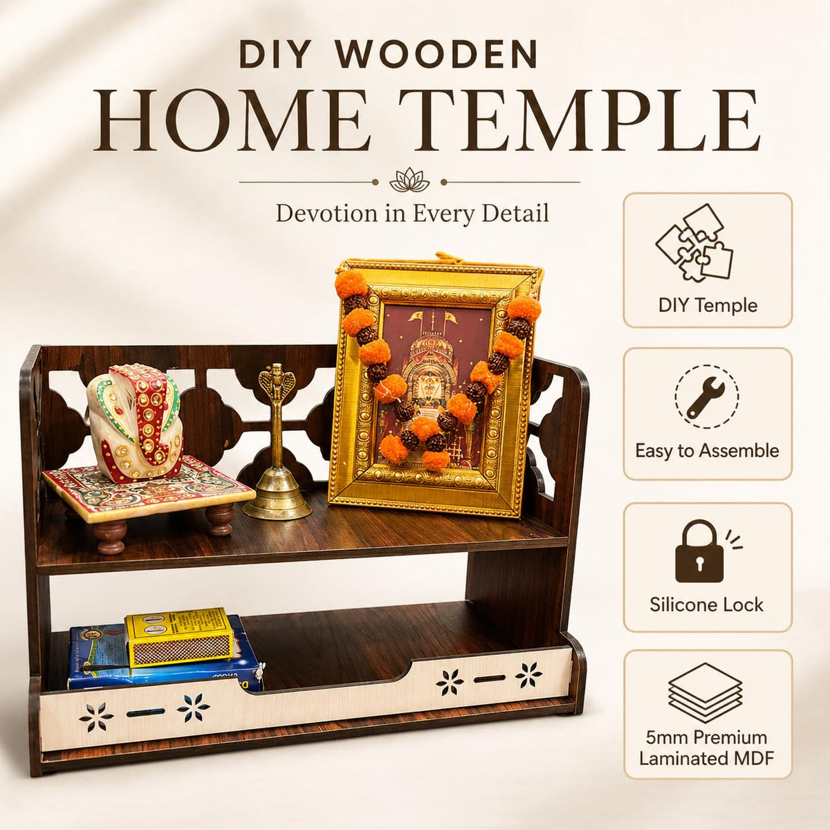 Zesta Wooden Mandir for Home Big Size | DIY Pooja Mandir with LED Spot Light | Devghar Cabinet for Living Room or Office | Wall Mounted Pooja Unit for Home (Double Step)