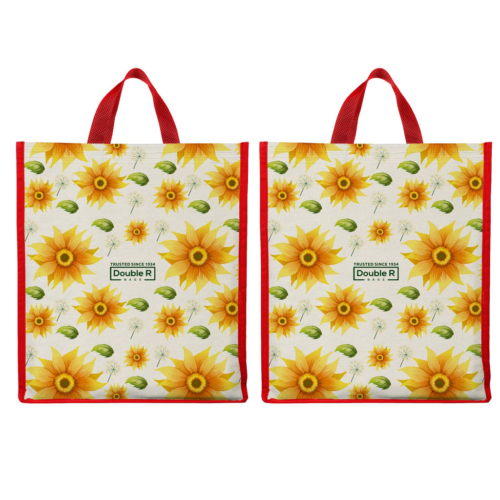 DOUBLE R BAGS Unisex Big Eco Cotton Canvas Shopping Bag for Grocery, Milk, Fruits & Vegetables | Reusable Tote with Reinforced Handles | Sunflower Print, 34x9.5x39.5 cm, 1 Compartment (Pack of 2)