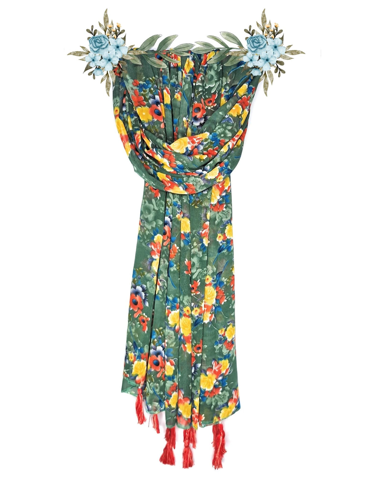 Chandwasia Fashion Floral Printed Scarf | Neck Shoulder Head Wrap Styling Dupatta Use | Polyester Chiffon Fabric Tassel Border Lightweight Pattern Women - Green