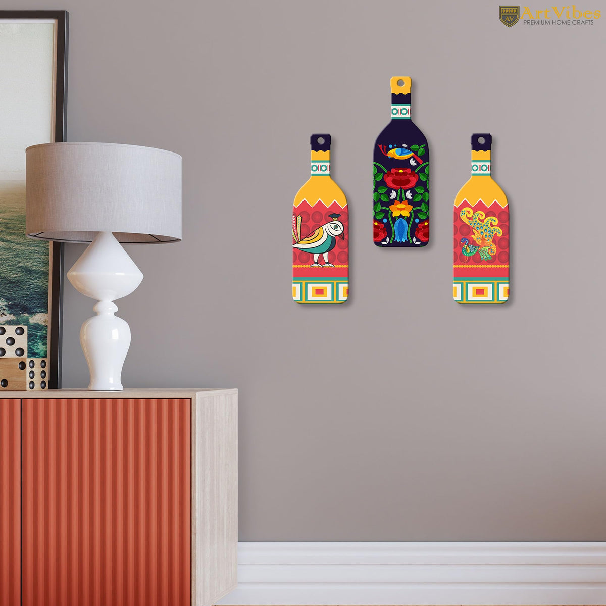 Artvibes Birds and Flower Clip Art Decor Bottle shaped Wooden Wall Hanging | Garden Balcony | Door Decoration Items | Wall Illustrations | Paintings For Wall | Unique Gift Items (WH_9512N), Set of 3
