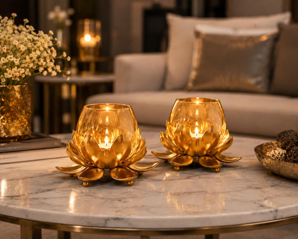 Delight World Lotus Tealight Candle Holder Set of 2 – Golden Metal & Glass Decorative Candle Stand for Home Decor, Diwali Decoration, Table Centerpiece, Living Room, Wedding & Festive Decor