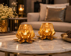 Delight World Lotus Tealight Candle Holder Set of 2 – Golden Metal & Glass Decorative Candle Stand for Home Decor, Diwali Decoration, Table Centerpiece, Living Room, Wedding & Festive Decor