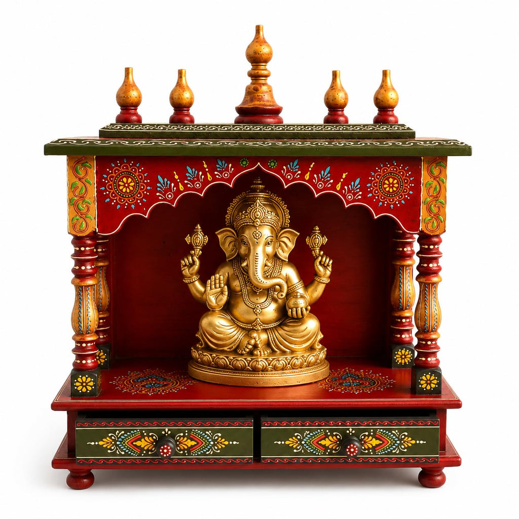 Kamdhenu Art and Craft Wood Home Temple (18 x 9 x 21 inch, Red and Green)