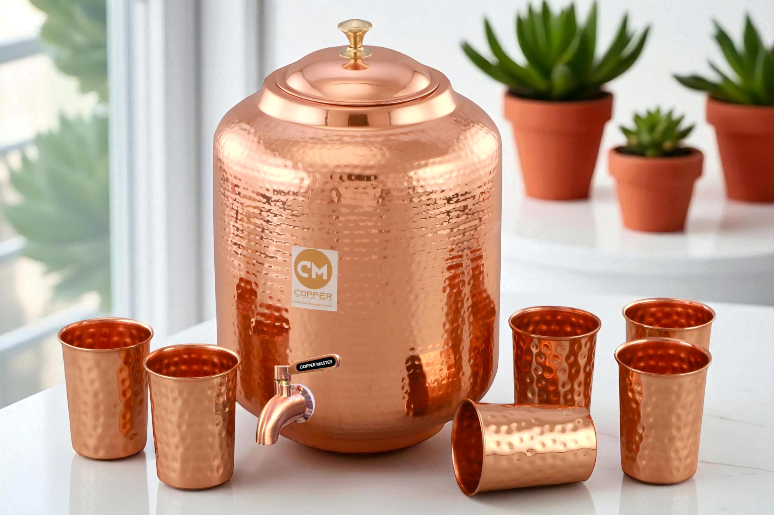 Copper-Master 18 Litre Hammered Copper Water Dispenser (Matka) Container Pot with 6 Glasses with Many Ayurvedic Health Benefits (18000 ml + 1800 ml)