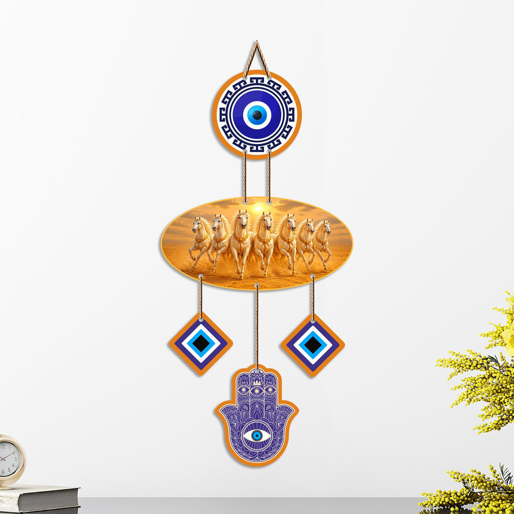 Artvibes Seven Running Horses Evil Eye Wall Hanging for Home Entrance Door Decor | Vastu Feng Shui Lucky Horses Wall Art with Nazar Battu Protection for Wealth Success Prosperity (WH_85131N)