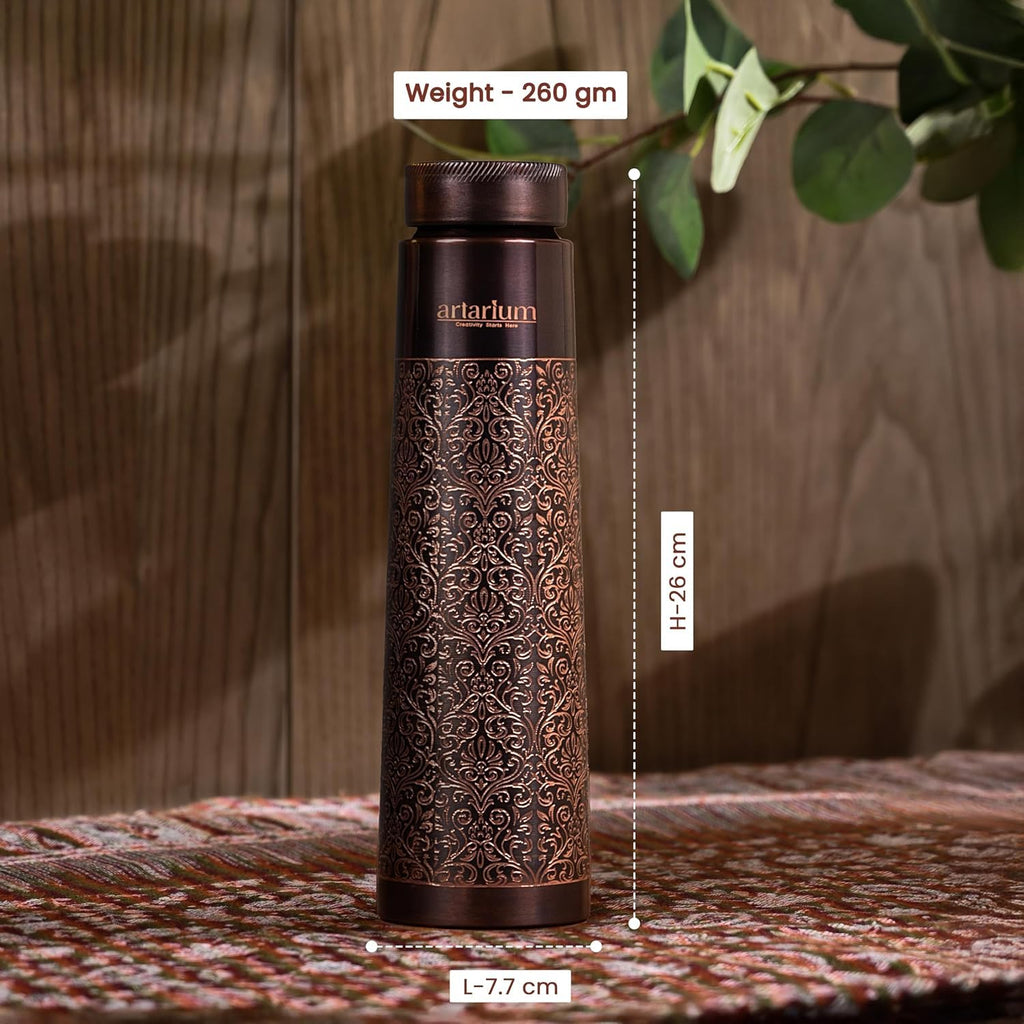 Artarium Antique Floral Design Glossy Finish 1 Litre Ayurveda Inspired Copper Water Bottle Leak Proof Bottle For Office Home Boosts Immunity Supports Digestive Liver Health (Antique Etching Bottle)